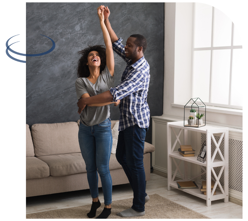 couple happy and dancing in house